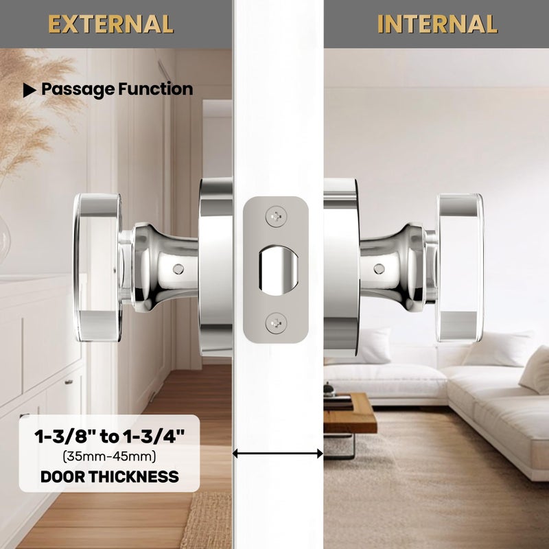 naubea Polished Chrome Door Knobs Glass Door Knobs Interior Passage Door Knob Crystal Interior Door Knob for Closet and Hallway - Image 3